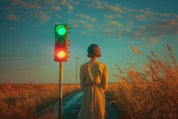 a woman is standing on a desert road next to a traffic sign, she needs to decide on her life path