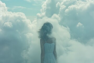 a girl in white dress is lost in the clouds. She is looking for the meaning of life