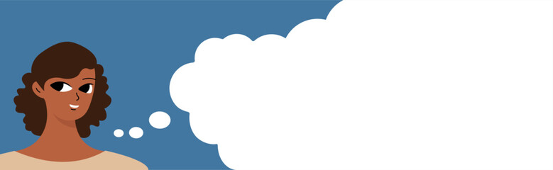 Banner with black women. Cute girlish face. Woman's day concept. Flat vector cartoon design.