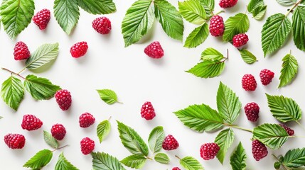 Raspberries and foliage separated on a white backdrop