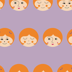 Endless pattern, pleasant girlish faces. Repeating backdrop, female portrait. Bright colorful composition.