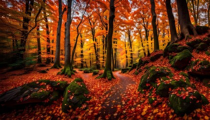 photorealistic image of a serene and colorful woodland in full autumn splendor, with leaves in shades of red, orange, and gold, Generative AI