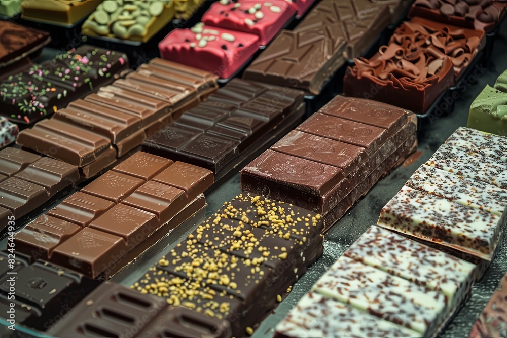 Aufkleber A display case filled with various types of chocolate bars in rich colors and flavors. Generative AI
