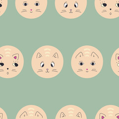 Endless pattern, black eyes cats. Repeating backdrop, rounded kitty face. Bright colorful composition.