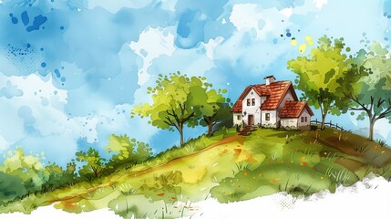 Watercolor painting of a stunning house on a hill with a blue sky