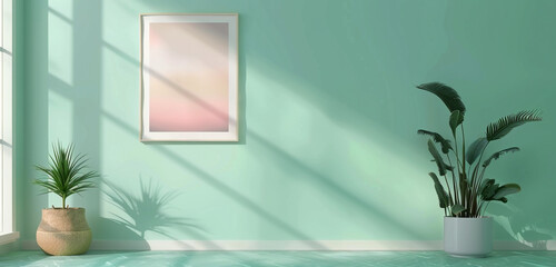 Panoramic mock up poster gallery with mint green wall, minimalist design, and wide layout.