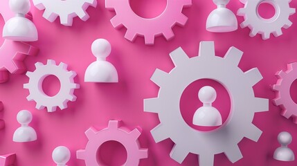 Pink and white gears interlinked with human figures closeup image. Cog wheels close up photography marketing. Teamwork, social networking concept photo realistic. Partnership picture