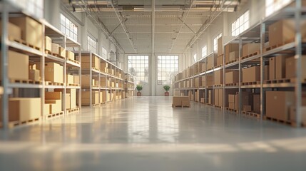 Minimalist, fulfillment center, warehouse, shipping boxes, boxes, large warehouse, boxes stored inside a warehouse. Generative AI.