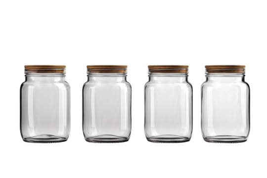 Mystical Quartet of Wooden-Lidded Glass Jars on a White or Clear Surface PNG Transparent Background.