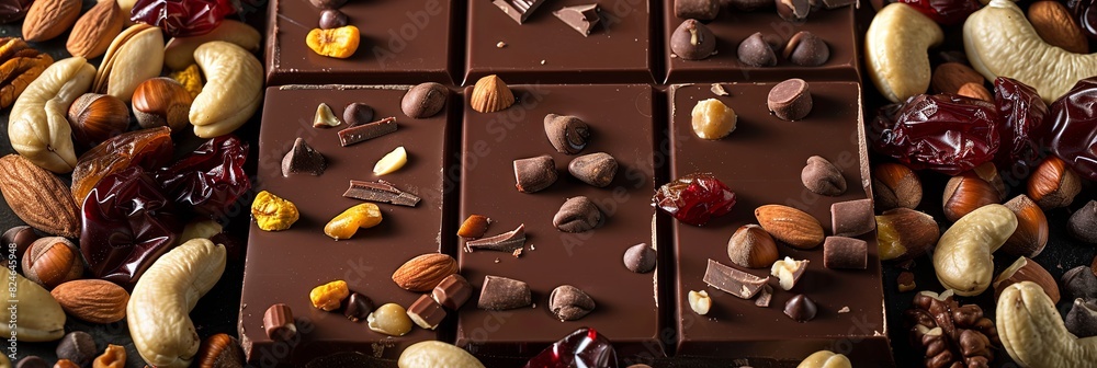 Poster detailed close up of a chocolate bar filled with crunchy nuts, a tempting treat with rich textures. 