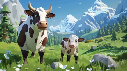 Animated cartoon of a cute cow mother with a baby calf on a mountain pasture