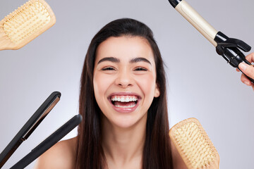 Haircare, comb and choices for happy woman, grooming and treatment on studio white background....