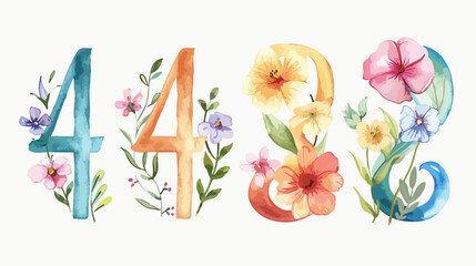 Numbers Four with watercolor flowers hand painting.