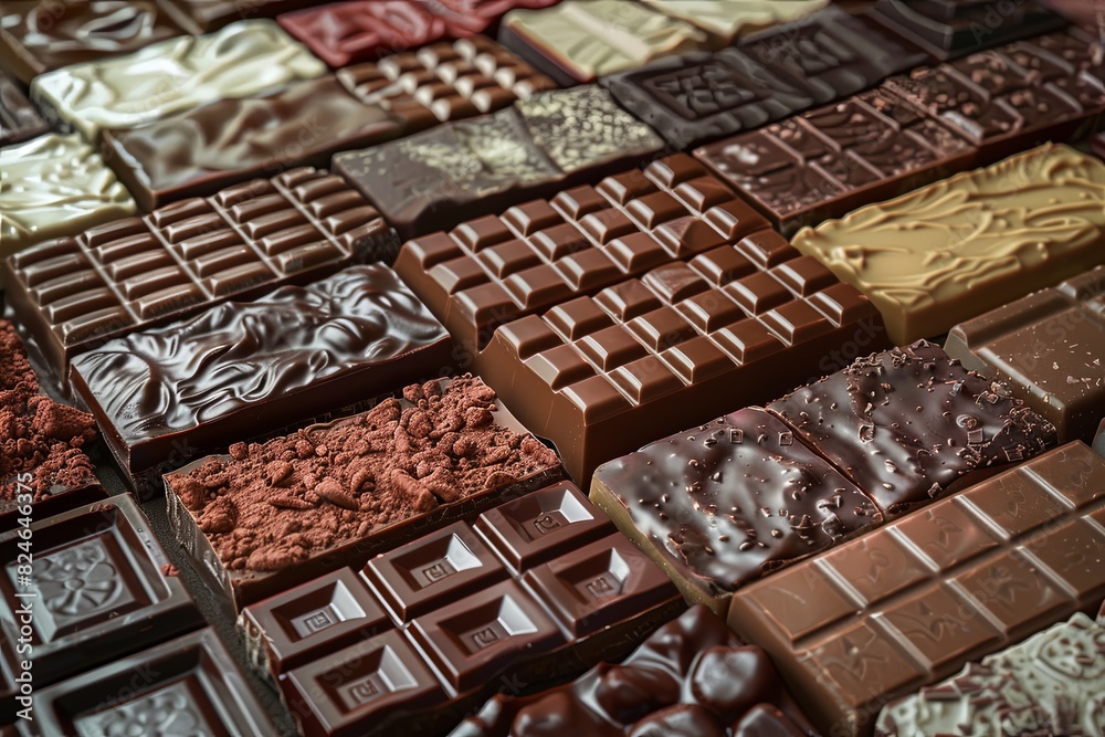Poster Various types of chocolate bars neatly arranged on a table, showcasing a variety of flavors and types. Generative AI