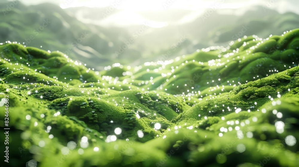 Poster 3D render of a green grassy field on a bright, sunny day with soft lighting. Moss covered hills in the close up view with a depth of field and bokeh effect. Generative AI.