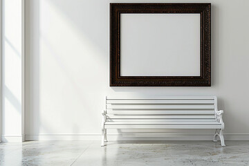 Contemporary gallery featuring a white bench and blank dark chocolate frame at dawn