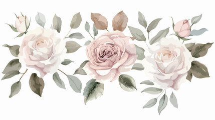 Pale Pink white roses leaves watercolor floral bouquet