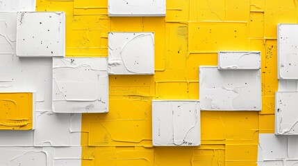 Abstract textured wall with yellow white square panels closeup image. Modern design with paint splatters close up photography marketing. Modern artistic flair concept photo realistic