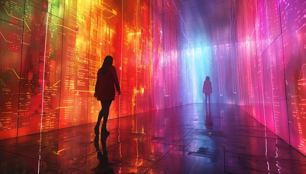 Silhouettes of two people walking through a colorful, neon-lit corridor.