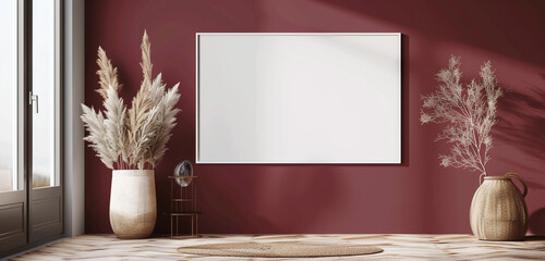 Panoramic mock up poster gallery with burgundy wall, minimalist design, and wide layout.