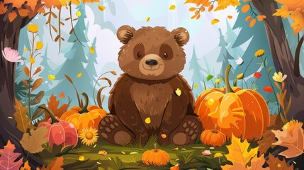 Cartoon bear sitting in autumn forest with pumpkins and flowers. World autism awareness day, spectrum disorder.