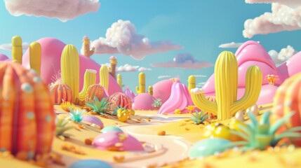 Clay motion style desert background, style 3D, sugar cactus, candy, fantasy.