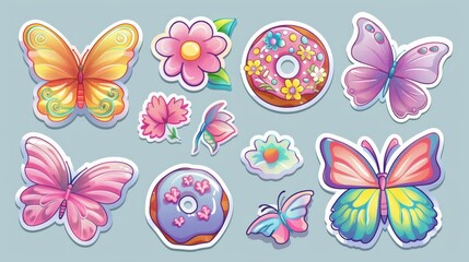 Flower and donut balloon collection with donuts. Cartoon tattoo modern trend illustration isolated on transparent background.