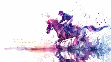 A horse in water. A sketch of a horse racing event. A picture of ink paints on horses.