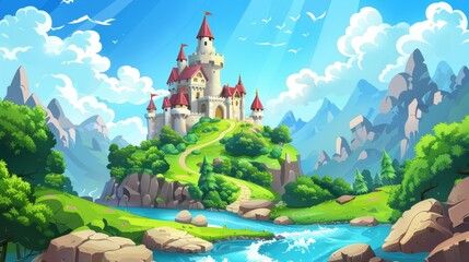 A cartoon castle on the mountain with an illustration of a river.