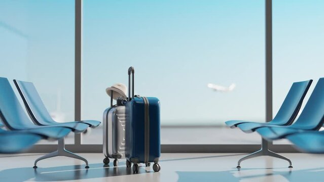 Suitcases in airport. Travel concept. 3d animation footage