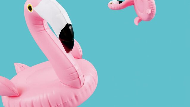 Creative summer footage. Flamingo float fly on blue background. 3d loop animation