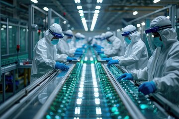 Obraz premium Factory assembly line, workers wearing protective clothing