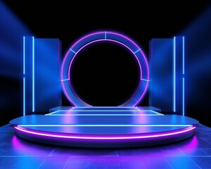 Futuristic neon stage with blue and pink lighting, perfect for sci-fi, virtual reality, and technology themes. Ideal for backgrounds and presentations.