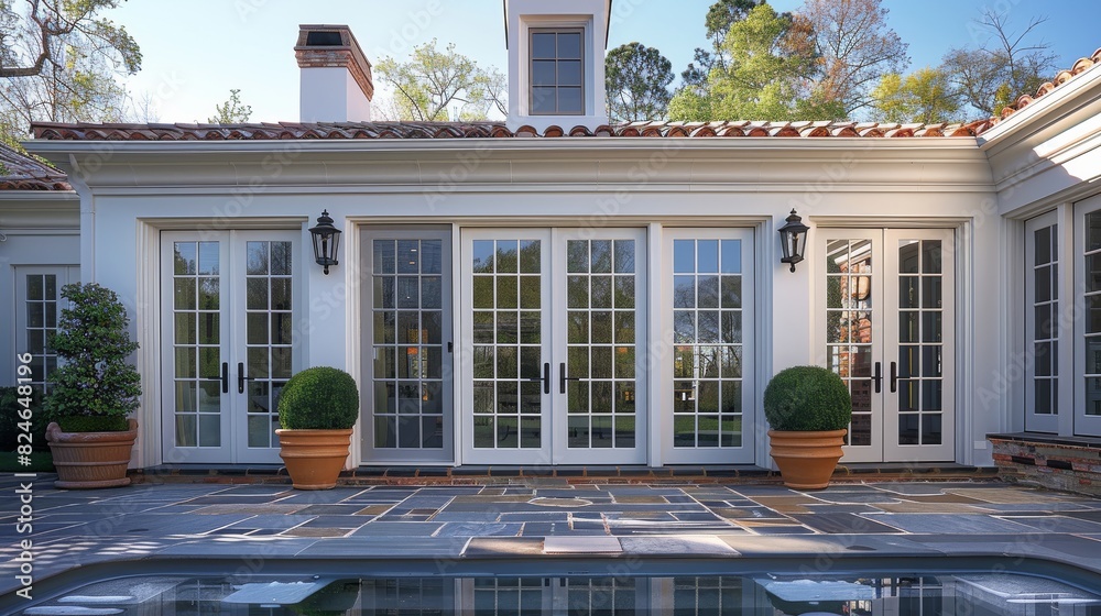 Poster a close up of the back patio of a gorgeous house with a single set of white doors on the patio in th