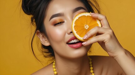 Beautiful attractive asian woman model laughing expression eating tropical fruit