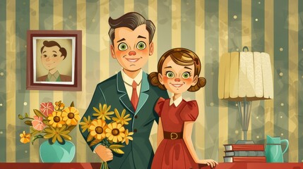 This vintage style clip art depicts a happy family from the mid-century period.