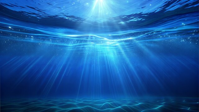 4K blue underwater ocean waves seamless loop animation, light rays pass through the water