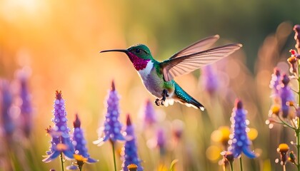 photorealistic image shot of a colorful hummingbird flying in a field of dew-covered wildflowers, Generative AI