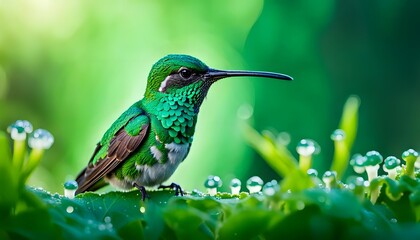 Fototapeta premium photorealistic image shot of adorable green hummingbird in a forest, Generative AI