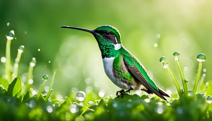 photorealistic image shot of adorable green hummingbird in a forest, Generative AI