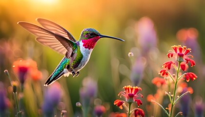 photorealistic image shot of a colorful hummingbird flying in a field of dew-covered wildflowers, Generative AI