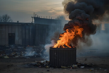 A trash bin on fire as a concept with air pollution