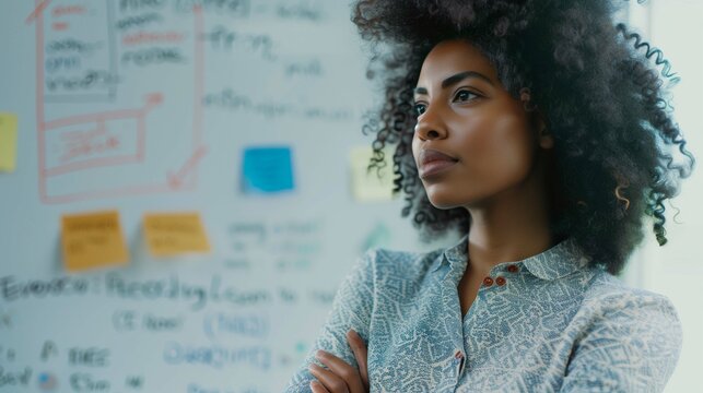 African american female leader stands confidently in office portrait image. Strategic plans on whiteboard photography. Black woman empowerment leadership concept photo realistic