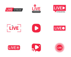 Live and live streaming icon set in red color. Live streaming set red icons. Play button icon vector. Live streaming icon set. Live broadcasting buttons and symbols.