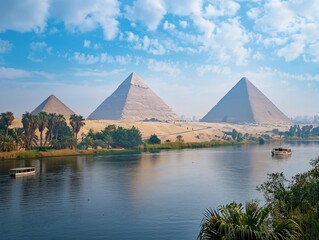 Scenic view of the iconic pyramids of Giza with the tranquil Nile River in the foreground.