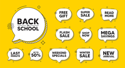 Offer speech bubble icons. Back to school tag. Education offer. End of vacation slogan. Back to school chat offer. Speech bubble discount banner. Text box balloon. Vector