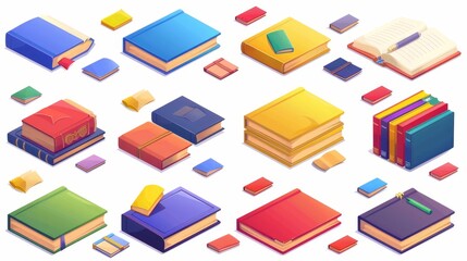 Various positioned textbooks, business diaries, and workbooks in red, yellow, green, and blue on white background with cartoon icons. World book and copyright day concept.
