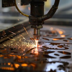 A high-powered laser beam cuts through metal with precision, its path illuminated by bright sparks and reflections in an active industrial environment.
