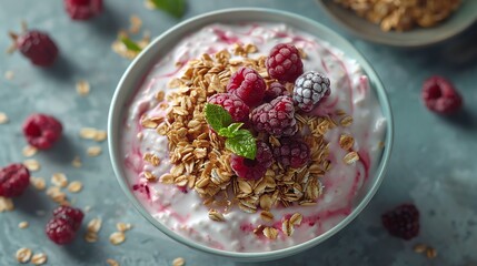 A delicious bowl of yogurt topped with fresh raspberries and crunchy granola, perfect for a healthy breakfast or snack.