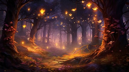 Fototapeta premium Fairy tale forest. A magical forest scene with lantern lights and animals that glow beautifully. Beautiful majestic nature background.
